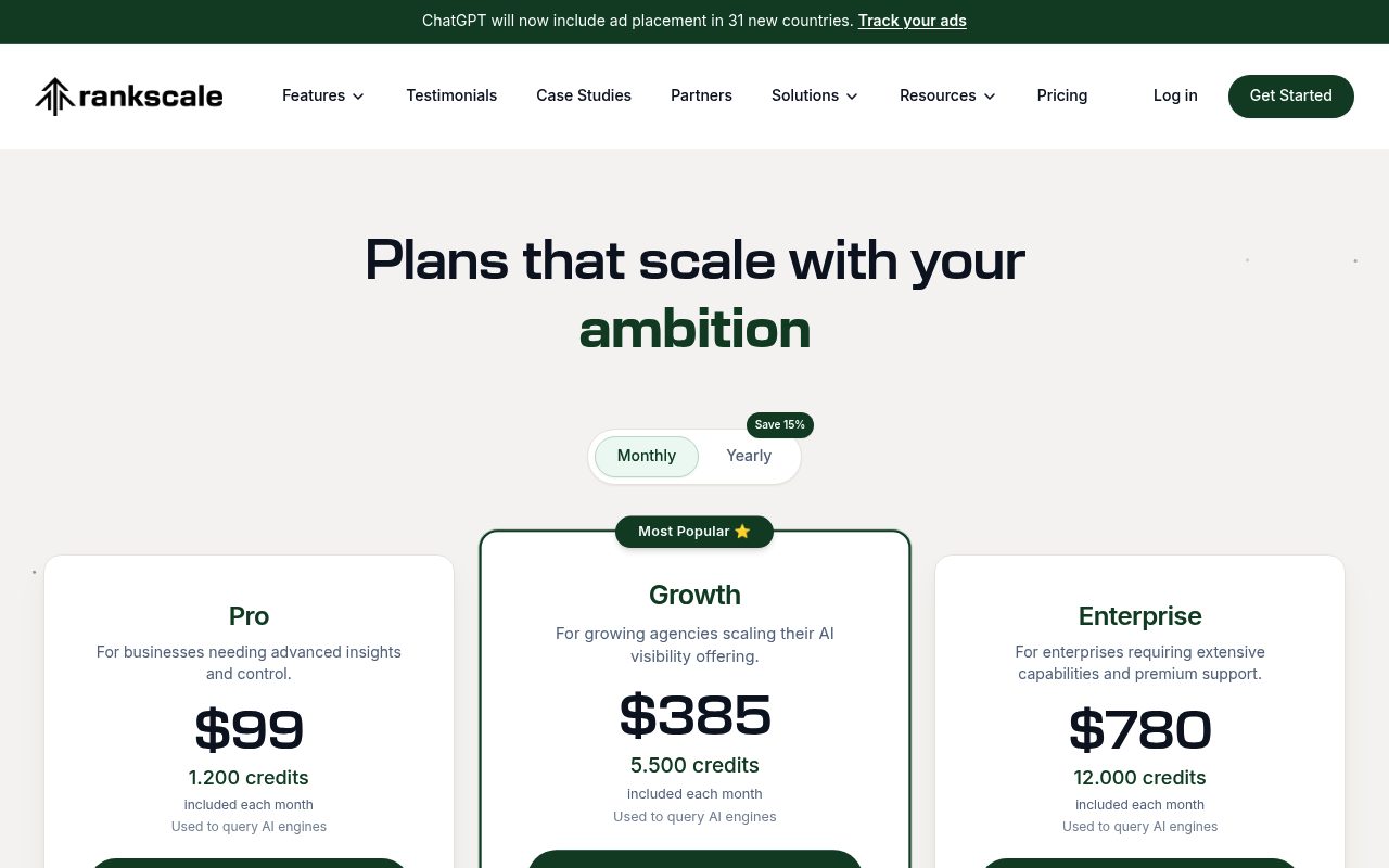 Screenshot of the Rankscale AI pricing page — Rankscale AI: Per-URL Visibility Checks