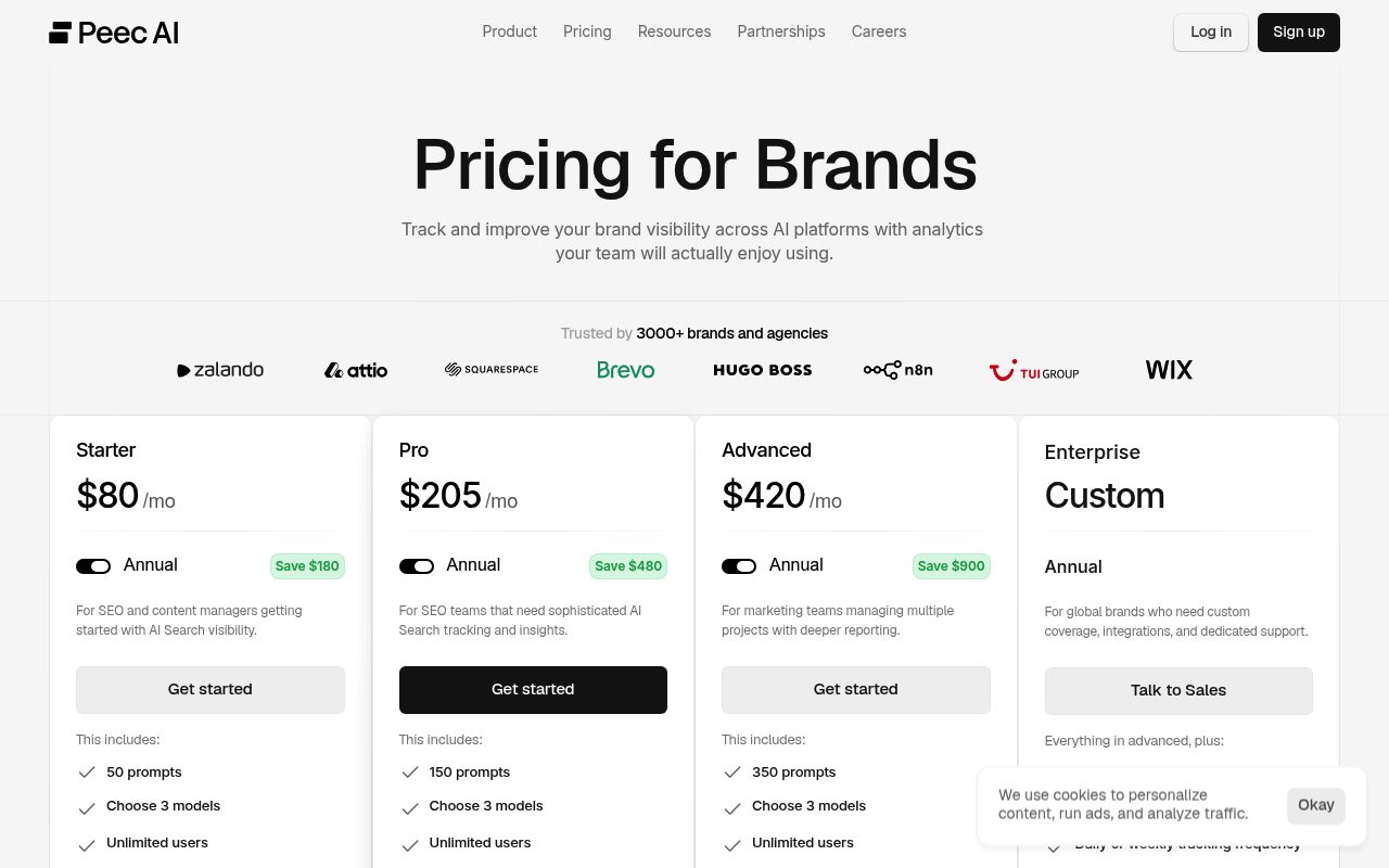 Screenshot of the Peec AI pricing page — Peec AI: Teams Scaling Prompt Volume Gradually