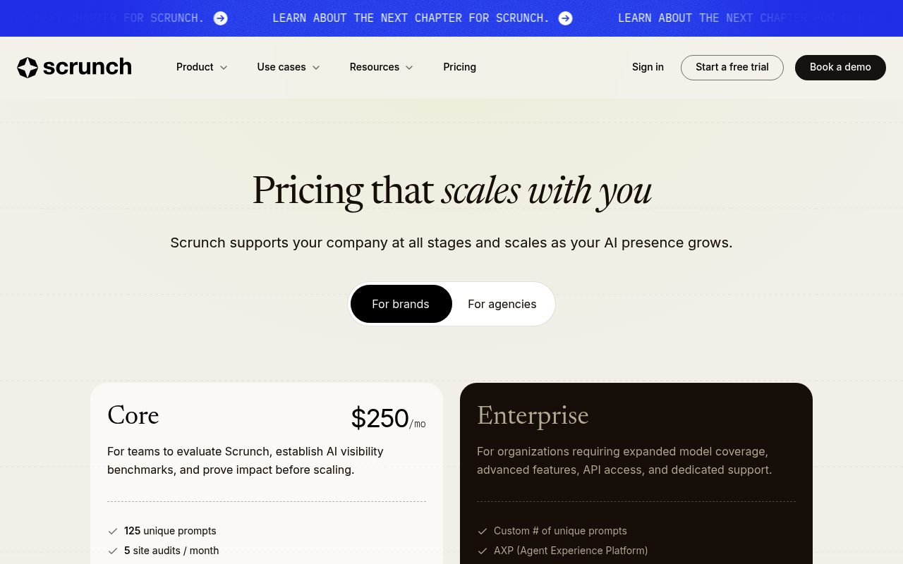 Screenshot of the Scrunch pricing page — Scrunch: Site Audits Alongside Tracking