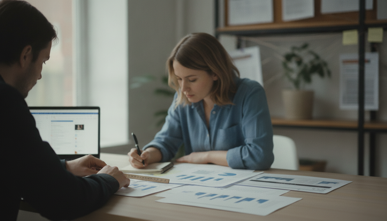 People reviewing competitor content and search results at a table.