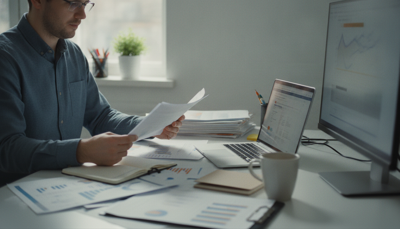 Marketer reviewing SEO reports and search results at a desk