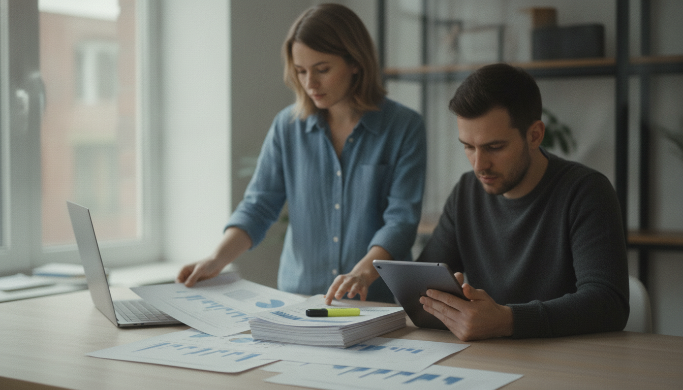 Two people comparing crawl reports and content pages.