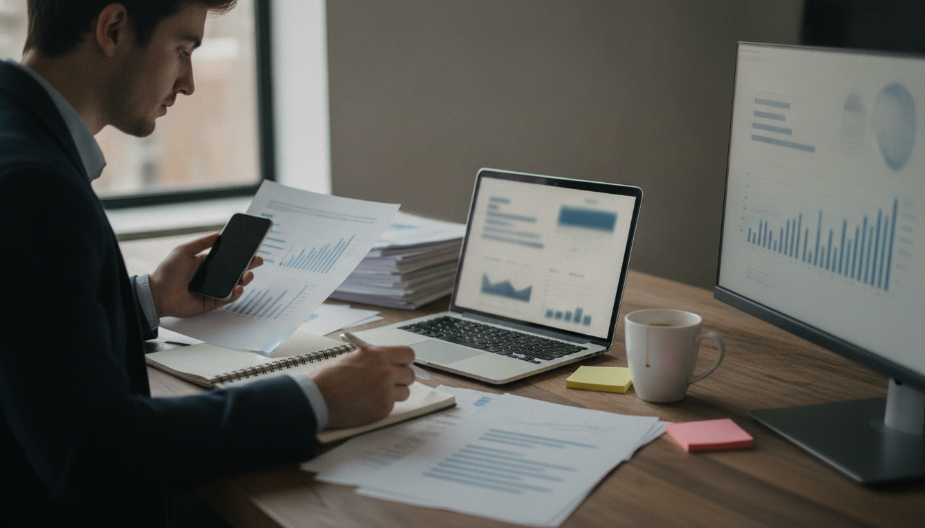 Marketer reviewing SEO analytics reports at a desk
