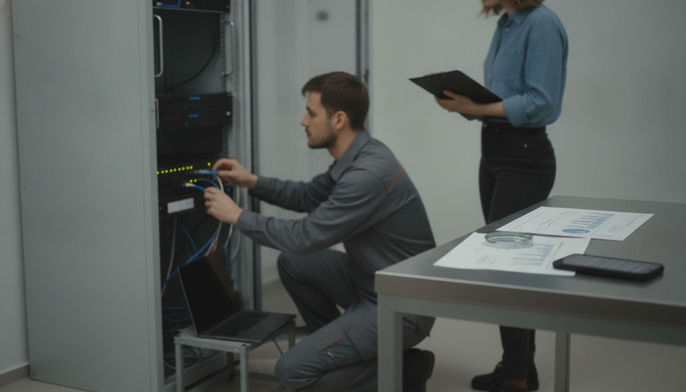 Technician checking server access beside audit paperwork.