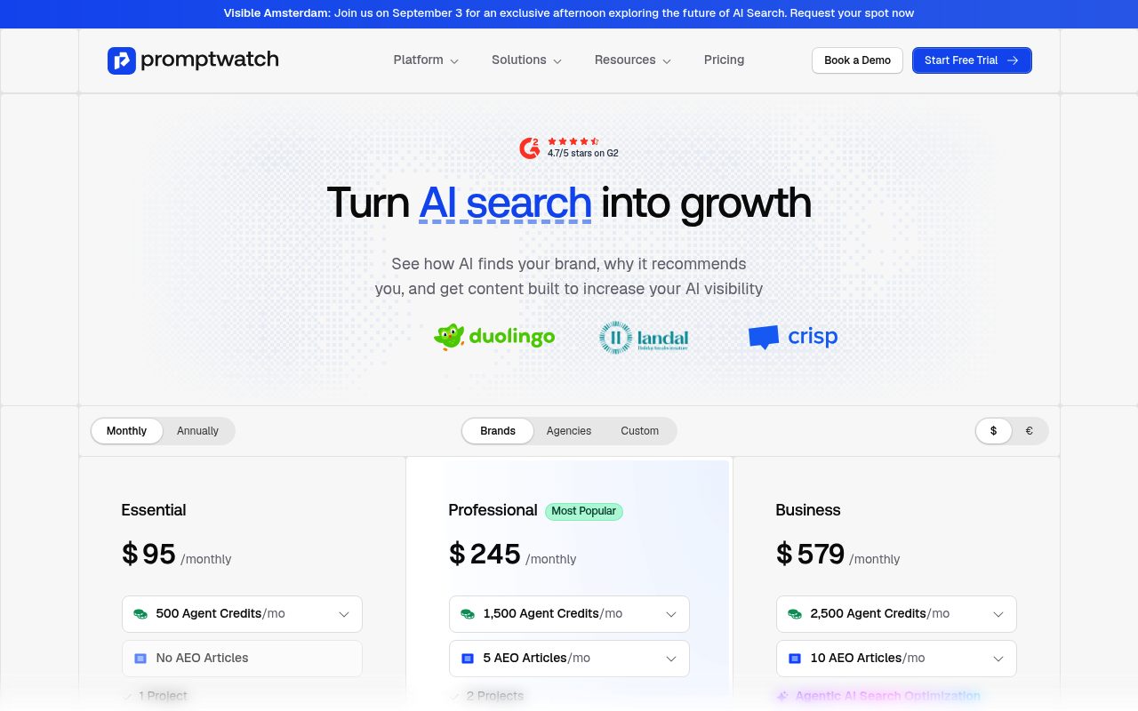 Screenshot of the Promptwatch pricing page — Promptwatch: Teams Wanting Built-In AEO Article Production
